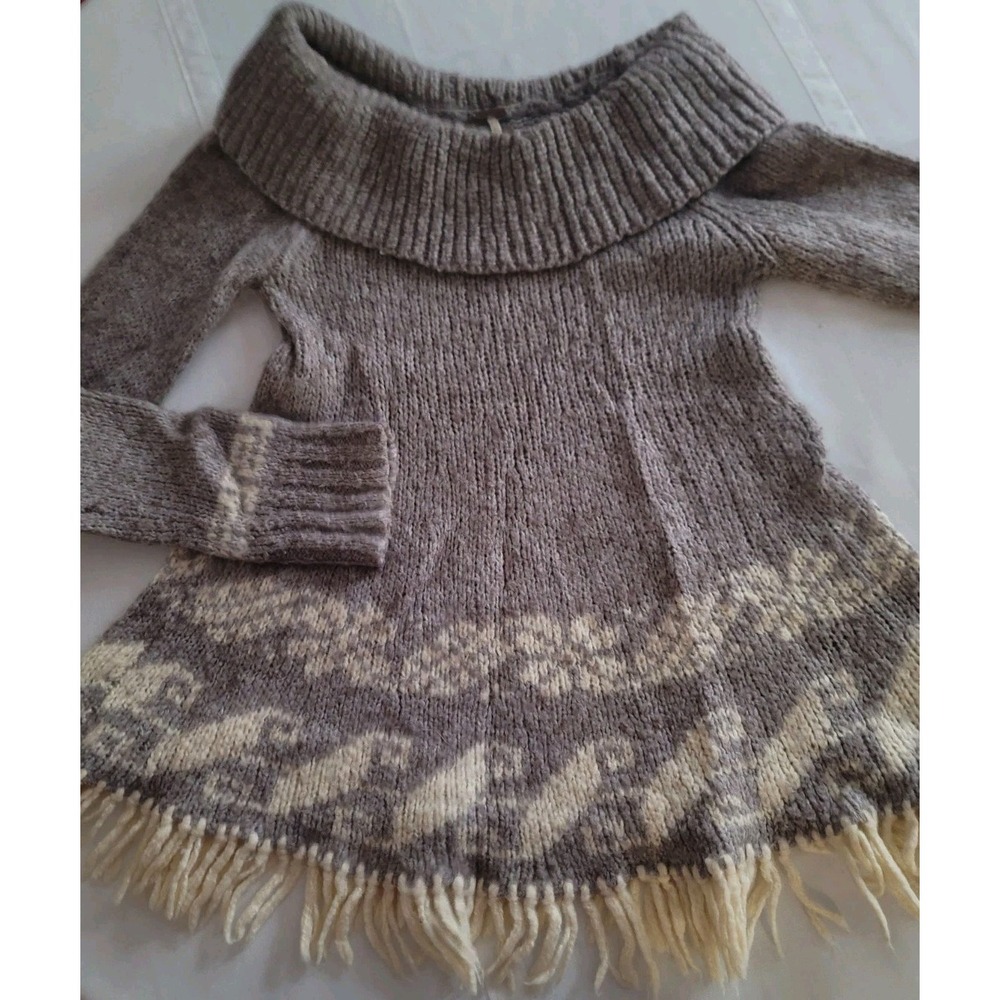 Free People Womens M Wool Blend Sweater Fair Isle Fringe Cowl Neck Boho Tunic